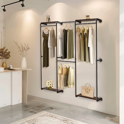Industriële pijp kledingrek rail wand gemonteerd ruimtebesparende kleding display rek met opbergrekken | Stijlvol metalen wandgemonteerd kledingrek met plank | Industrieel design | 185x30x200cm | Zwart