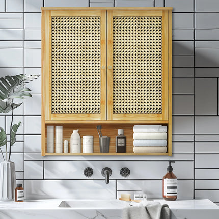 Solid houten bamboe badkamer wandkast boven toilet keuken woonkamer opbergkast met 3 planken medicijnkast 2-deur | Bamboe wandkast badkamer met 2 deuren | Eco-vriendelijke opbergruimte | 3 plank lagen