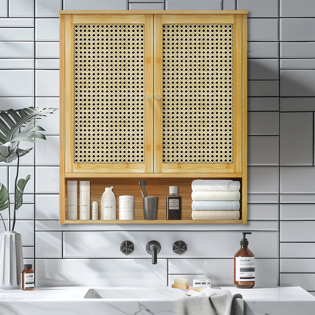 Solid houten bamboe badkamer wandkast boven toilet keuken woonkamer opbergkast met 3 planken medicijnkast 2-deur | Bamboe wandkast badkamer met 2 deuren | Eco-vriendelijke opbergruimte | 3 plank lagen