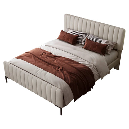 Gestoffeerd bed Tweepersoonsbed, bedframe met lattenbodem en verstelbaar hoofdbord, gewatteerd bed in grijs-beige | Tweepersoons gestoffeerd bed 160x200 cm | Verstelbaar hoofdbord | Opslagruimte | Stevig metalen poten | Stabiele nachtrust