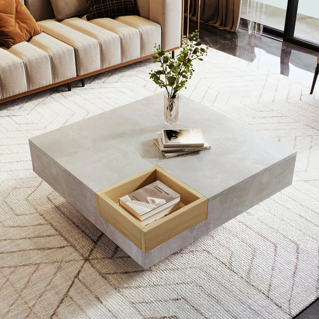 Beton Grijs Salontafel, Houten Theetafel voor Woonkamer, Bijzettafel met Verwijderbare Opbergbak, 72*72*30 cm | Moderne Vierkante Salontafel Hout en Grijs | Met Verwijderbare Opbergbak | 72x72x30 cm
