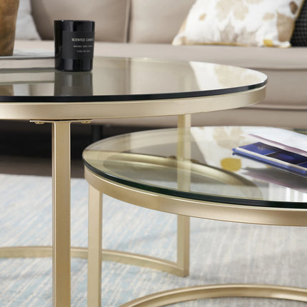 2 in 1 ijzeren salontafel mode kleine appartement woonkamer salontafel gehard glas ronde bank bijzettafel | Moderne salontafel set | 2-delige ronde tafels | Staal & MDF | Grijs marmer-look | Woonkamer design
