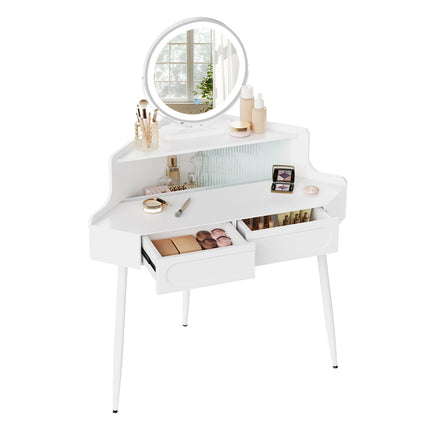 WOLTU Dressoir Kaptafel Wit Hoek Make-uptafel met Spiegel Verlichting | WOLTU Hoek Kaptafel Wit Spiegel Verstelbare Helderheid | Houten Make-uptafel Slaapkamer | Ruimtebesparend | Grote Opbergcapaciteit