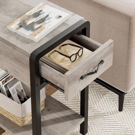 Nachtkastje met lade en plank | Smalle bijzettafel met opberglade en industrieel ontwerp | Retro stijl hout en metaal | Voor woonkamer of slaapkamer gebruik | Stabiel, stevig en eenvoudig te monteren