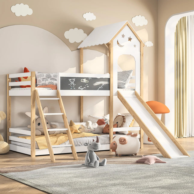 Stapelbed, Kinderbed, Massief Houten Bed, met Trappen en Blackboard, Wit Houten Bed met Glijbaan voor Kinderen, 90 x 200 cm | Kinder stapelbed hout 90x200 cm met trappen glijbaan en schoolbord wit minimalistisch modern