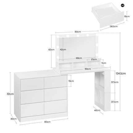 WOLTU Makeup-kaptafel met verstelbare LED verlichting dressoir en 6 ladekast flexibele montage | WOLTU Speeltafel met Verstelbare LED Spiegel | Houten Kaptafel met 6 Laden | Moderne Stijl | Hoekopstelling Mogelijk | 90x40x134.5 cm