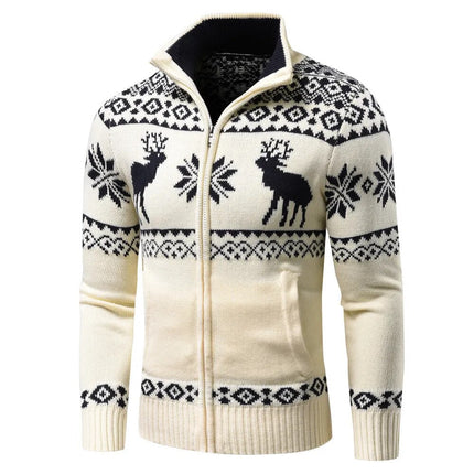 Heren Kersttrui Geometrisch Patroon | Festive Slim Fit Cardigan | Winter Gebreid Rits Vest | Oprolbare Kraag | Mix van Katoen Acryl Kasjmier | Lang Ritsontwerp | Ideaal als Cadeau voor Kerst | Stijlvolle Kerstkleding