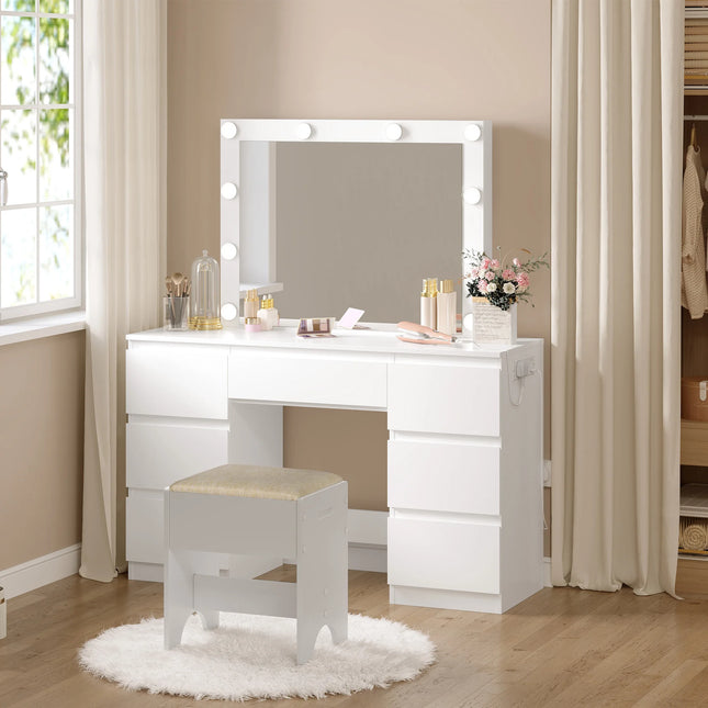 WOLTU Kaptafel Make-up met LED-verlichting en Oplaadstopcontact | Moderne Witte Kaptafel 7 Laden | MDF Hout | Grote Spiegel 64x57cm | USB-poorten en Stopcontacten  | Brede Blad met Veel Opbergruimte