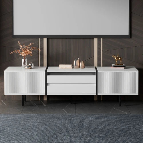 TV-kast met uittrekbare lades voor projector, laag bord met bergruimte en kleurblokontwerp, 163×40×45 cm | Moderne TV-kast hout 163cm met opbergruimte | Kleurblok zwart-wit design | Assembleerbaar meubelsystem | Hoge kwaliteit 45cm hoogte