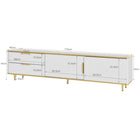 Tv-kast, laag plateau met gesneden textuur, gouden handgrepen en poten, woonkamercabinet met marmerstructuur, Wit/Zwart. | Moderne TV-meubel met gouden accenten | Scandinavisch design