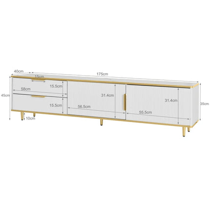Tv-kast, laag plateau met gesneden textuur, gouden handgrepen en poten, woonkamercabinet met marmerstructuur, Wit/Zwart. | Moderne TV-meubel met gouden accenten | Scandinavisch design