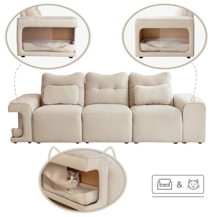 Cat opslagbank met kussen, moderne 3-zitsbank met kattennest, fluweel, krasbestendige kattenstof met 2 sierkussens | Moderne 3-zitsbank fluweel met kattennest | Krasbestendig | Scandinavisch design | Incl. sierkussens