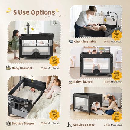 5-in-1 Babybed Reisset Combinatie Babybed met Matras, Hoogteverstelling, Opvouwbaar als Veranderende Tafel en Speelpaneel | 5-in-1 Babybed Reisset Matras Verstelbaar | Opvouwbaar Babybedje | Reiscampingbedje Baby Kinderbedje Matras