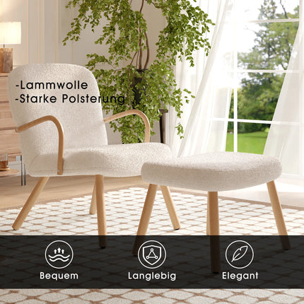 Beklede Fauteuil met Krukje, Cashmere Lounge Stoel met Houten Armleuningen en Poten, voor Slaapkamer Woonkamer Beige | Beige Cashmere Lounge Stoel met Kruk | Modern Fauteuil Houten Poten | Comfortabele Stoel Slaapkamer