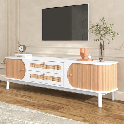 VSOGA TV Stand - Natuurlijke Hout Mix TV Stand Met Deuren En Laden | Rattan TV Kast Modern Design | TV Meubel Van Rattan En Massief Hout 170x46x39.5 cm | Metopbergruimte Voor Woonkamer | Elegant Woonkamervoor Meubel