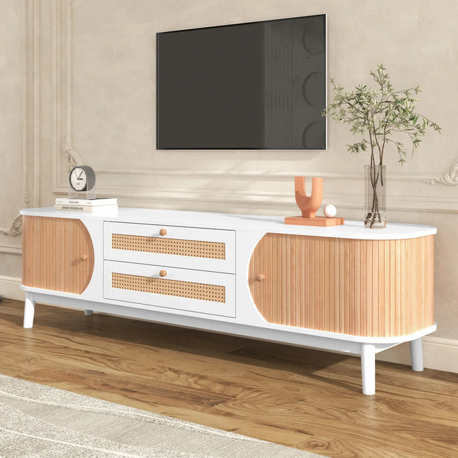 VSOGA TV Stand - Natuurlijke Hout Mix TV Stand Met Deuren En Laden | Rattan TV Kast Modern Design | TV Meubel Van Rattan En Massief Hout 170x46x39.5 cm | Metopbergruimte Voor Woonkamer | Elegant Woonkamervoor Meubel
