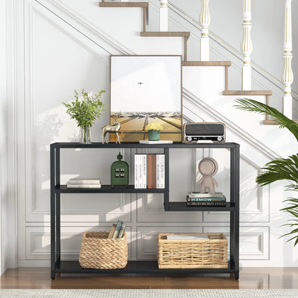 Industrieel Opbergrek Zwart | Consoletafel Met 4 Lagen | 110x30x85 cm | Hal Woonkamer Achter Bank | Staal En Houtlook | Multifunctioneel Design