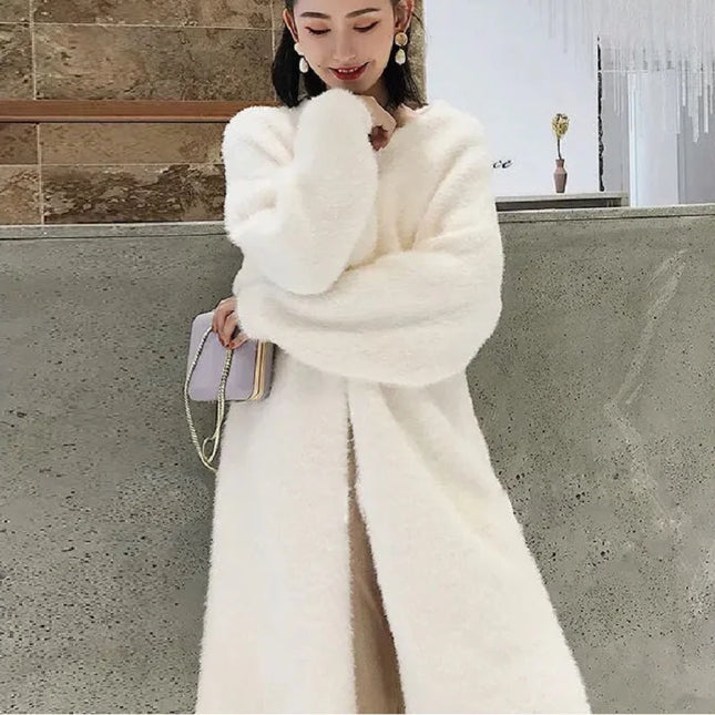 Wit Kasjmier Lang Vest Dames | Luxe Gebreide Pluizige Jasje | Stijlvolle Lange Mouwen | Comfortabel Cosy Herfst Winter | Effen Wit