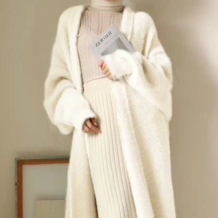 Wit Kasjmier Lang Vest Dames | Luxe Gebreide Pluizige Jasje | Stijlvolle Lange Mouwen | Comfortabel Cosy Herfst Winter | Effen Wit