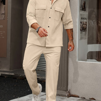 Heren Overhemd en Broek Set | Zachte Stof met Structuur | Regular Fit | Lange Mouwen en Knoopsluiting | Casual Comfort | Elastische Tailleband en Rechte Pijp | Neutrale Kleur voor Moderne Uitstraling | Urban Stijl