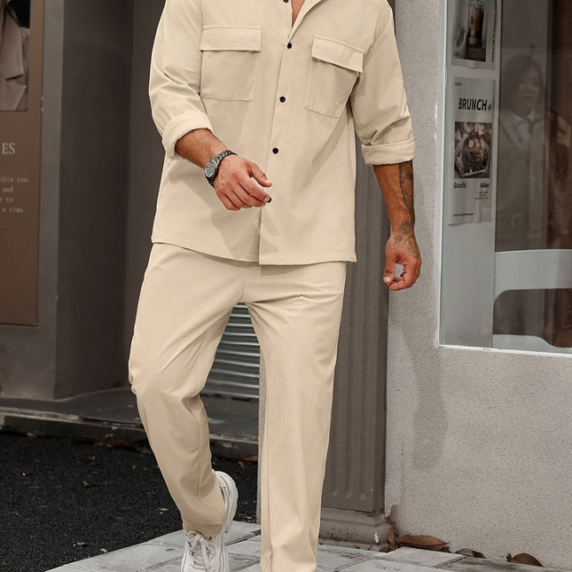 Heren Overhemd en Broek Set | Zachte Stof met Structuur | Regular Fit | Lange Mouwen en Knoopsluiting | Casual Comfort | Elastische Tailleband en Rechte Pijp | Neutrale Kleur voor Moderne Uitstraling | Urban Stijl