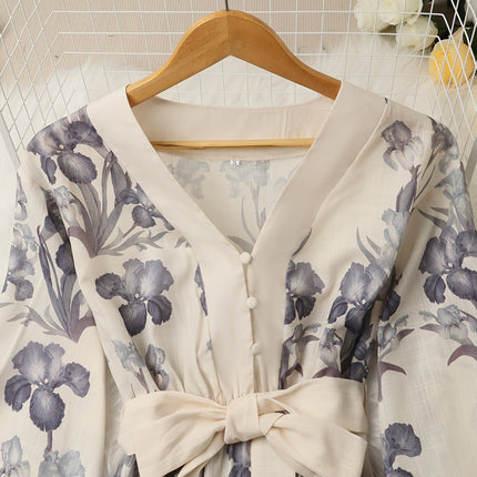 Elegante Blouse Jurk Dames | V-hals | Bloemenprint | Ademend & Comfortabel | Ideaal Voor Werk & Vrije Tijd | Modieuze Pasvorm | Lente/Herfst/Zomer | Elegante Details | Elastische Taille | Vrouwelijke Stijl