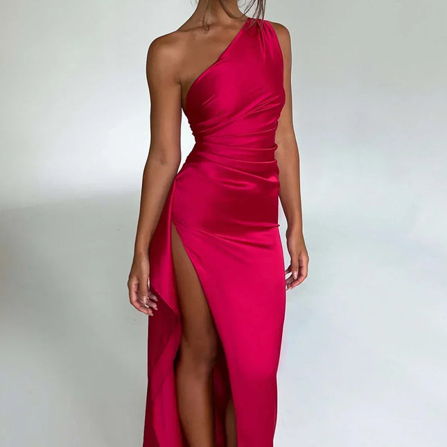 Satijnen Avondjurk Dames | Open Schouder | Flatterende Pasvorm | Luxe Materialen | Chic Design | Belle Couture | S-L | Formele & Casual Gelegenheden | Split Detail | Hoge Kwaliteit Stoffen | Elegante Jurk voor Elke Gelegenheid