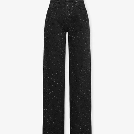 Zwarte Denim Broek Dames | Rechte Pasvorm | Diamantpatroon Details | Comfort en Stijl | Dagelijks en Speciale Gelegenheden | Elegante Uitstraling