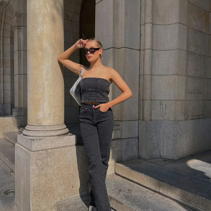 Zwarte Denim Broek Dames | Rechte Pasvorm | Diamantpatroon Details | Comfort en Stijl | Dagelijks en Speciale Gelegenheden | Elegante Uitstraling