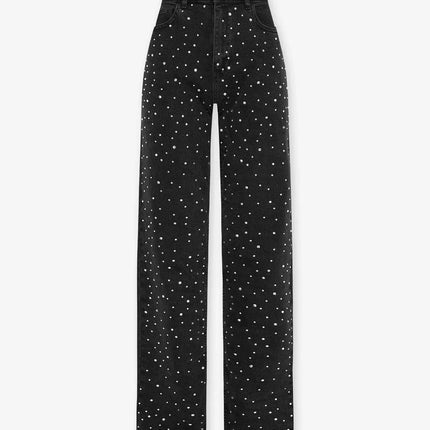 Zwarte Denim Broek Dames | Rechte Pasvorm | Diamantpatroon Details | Comfort en Stijl | Dagelijks en Speciale Gelegenheden | Elegante Uitstraling