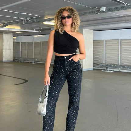 Zwarte Denim Broek Dames | Rechte Pasvorm | Diamantpatroon Details | Comfort en Stijl | Dagelijks en Speciale Gelegenheden | Elegante Uitstraling
