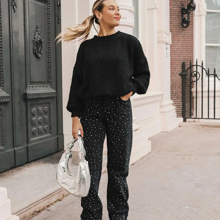 Zwarte Denim Broek Dames | Rechte Pasvorm | Diamantpatroon Details | Comfort en Stijl | Dagelijks en Speciale Gelegenheden | Elegante Uitstraling