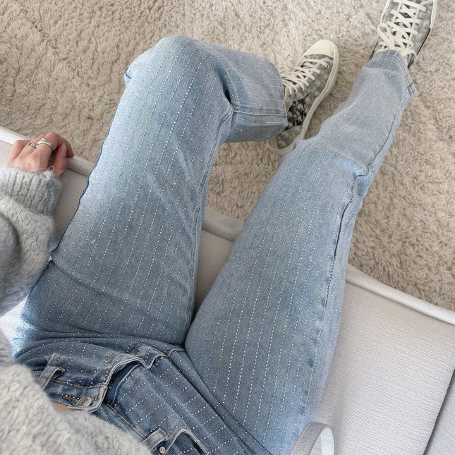 Zwarte Denim Broek Dames | Rechte Pasvorm | Diamantpatroon Details | Comfort en Stijl | Dagelijks en Speciale Gelegenheden | Elegante Uitstraling