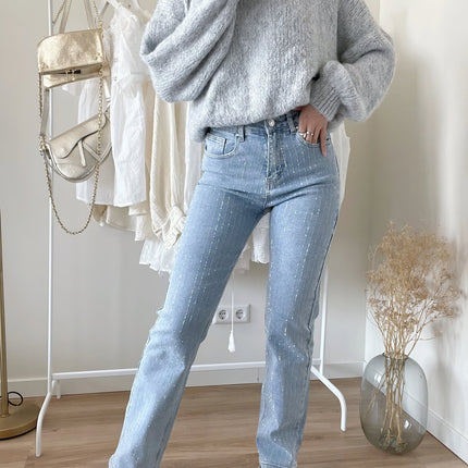 Zwarte Denim Broek Dames | Rechte Pasvorm | Diamantpatroon Details | Comfort en Stijl | Dagelijks en Speciale Gelegenheden | Elegante Uitstraling