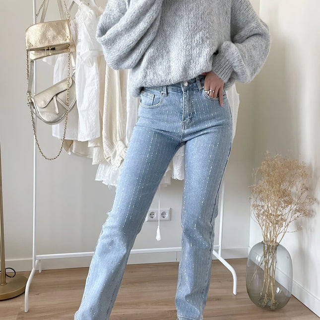 Zwarte Denim Broek Dames | Rechte Pasvorm | Diamantpatroon Details | Comfort en Stijl | Dagelijks en Speciale Gelegenheden | Elegante Uitstraling