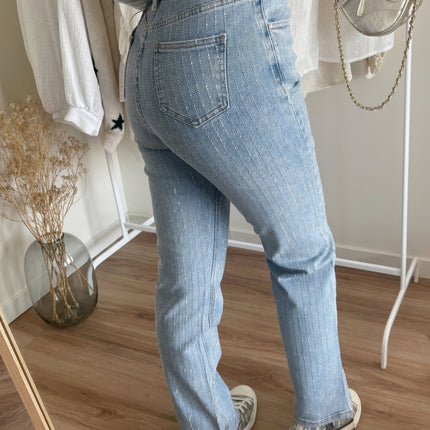 Zwarte Denim Broek Dames | Rechte Pasvorm | Diamantpatroon Details | Comfort en Stijl | Dagelijks en Speciale Gelegenheden | Elegante Uitstraling