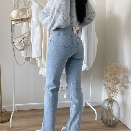 Zwarte Denim Broek Dames | Rechte Pasvorm | Diamantpatroon Details | Comfort en Stijl | Dagelijks en Speciale Gelegenheden | Elegante Uitstraling