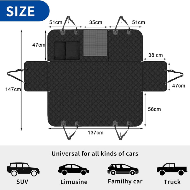 Autobeschermingstovert voor Honden | 4-in-1 Beschermdoek met Zijpanelen en Venster | Waterdichte Antislip Hondendeken | Veiligheidsriem | Geschikt voor Auto, Bestelwagen en SUV | 137x147 cm