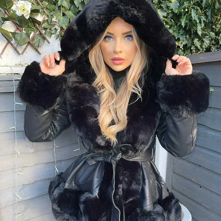 Debra Dames Winterjas met Capuchon | Luxe Bontkraag & Riem | Chique V-Hals | Polyester & Spandex | Wit | Elegante & Comfortabele Pasvorm | XS-2XL